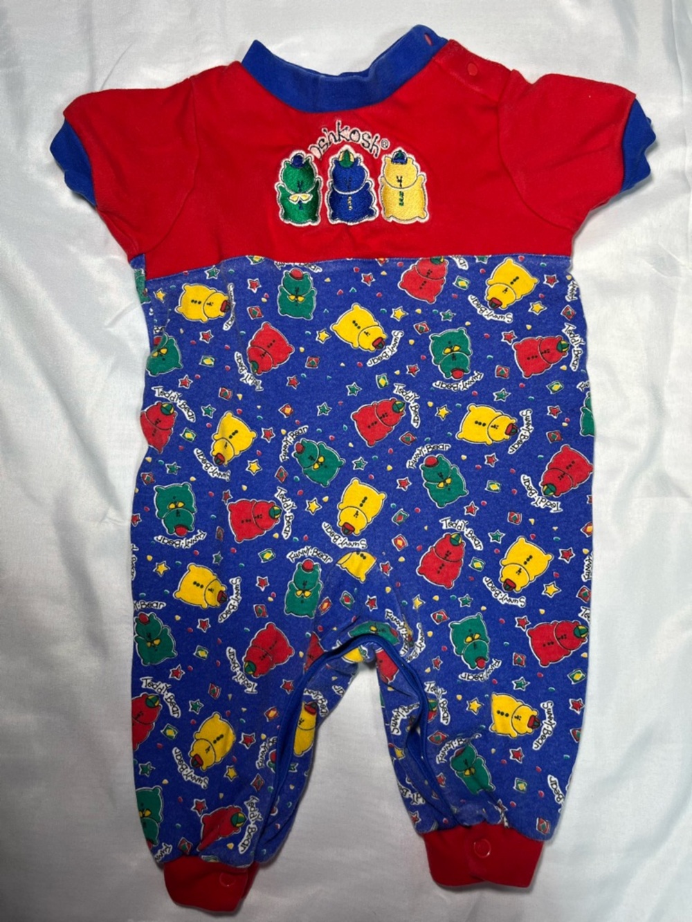 Vintage 90s‎ OshKosh Teddy Bear Romper 6-9M Colorblock One Piece Snap USA Rare